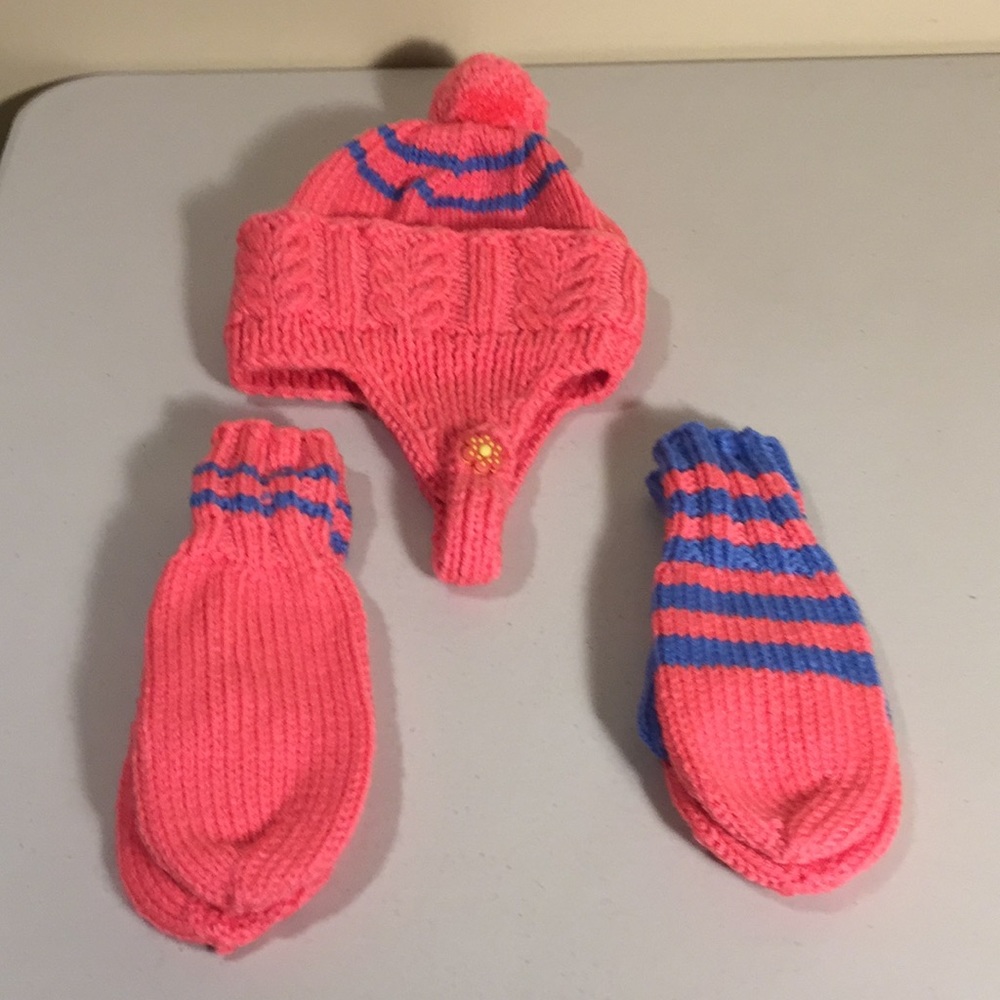 Hand Knit Child’s Winter Hat + 2 Pairs Mittens